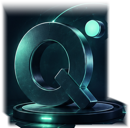 Sculpted Q and detached upper-right dot above a mint-lit platform.
